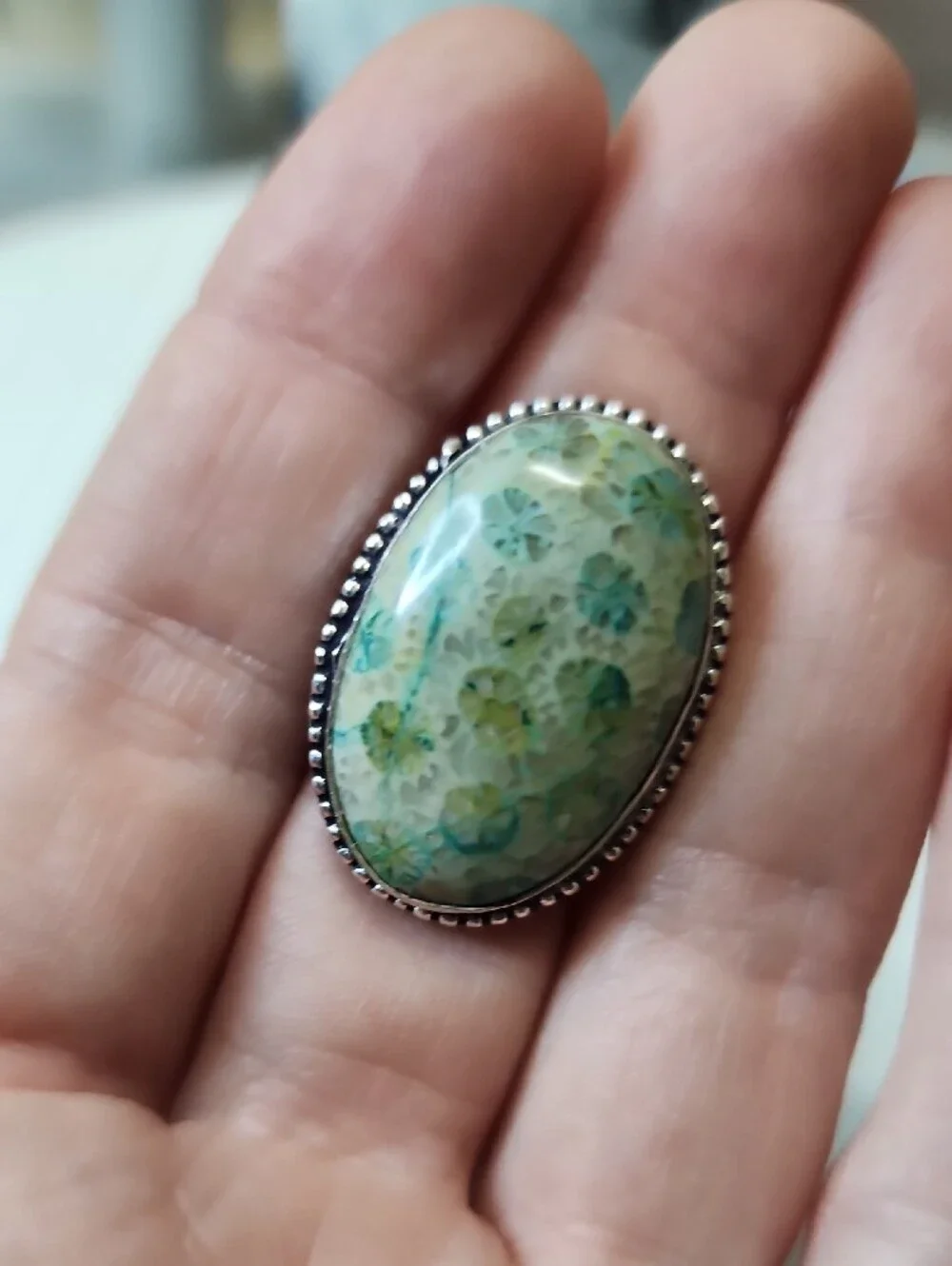 Green Fossil Coral Oval Ring